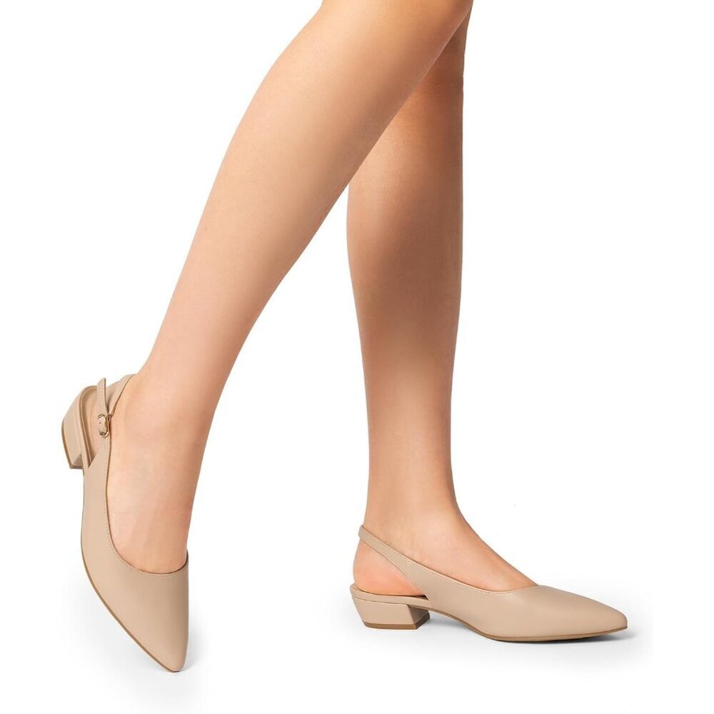 🆕Women Sling back Heel Pointed Closed Toe Low Block Pump Nude Faux Leather Part - Picture 6 of 7